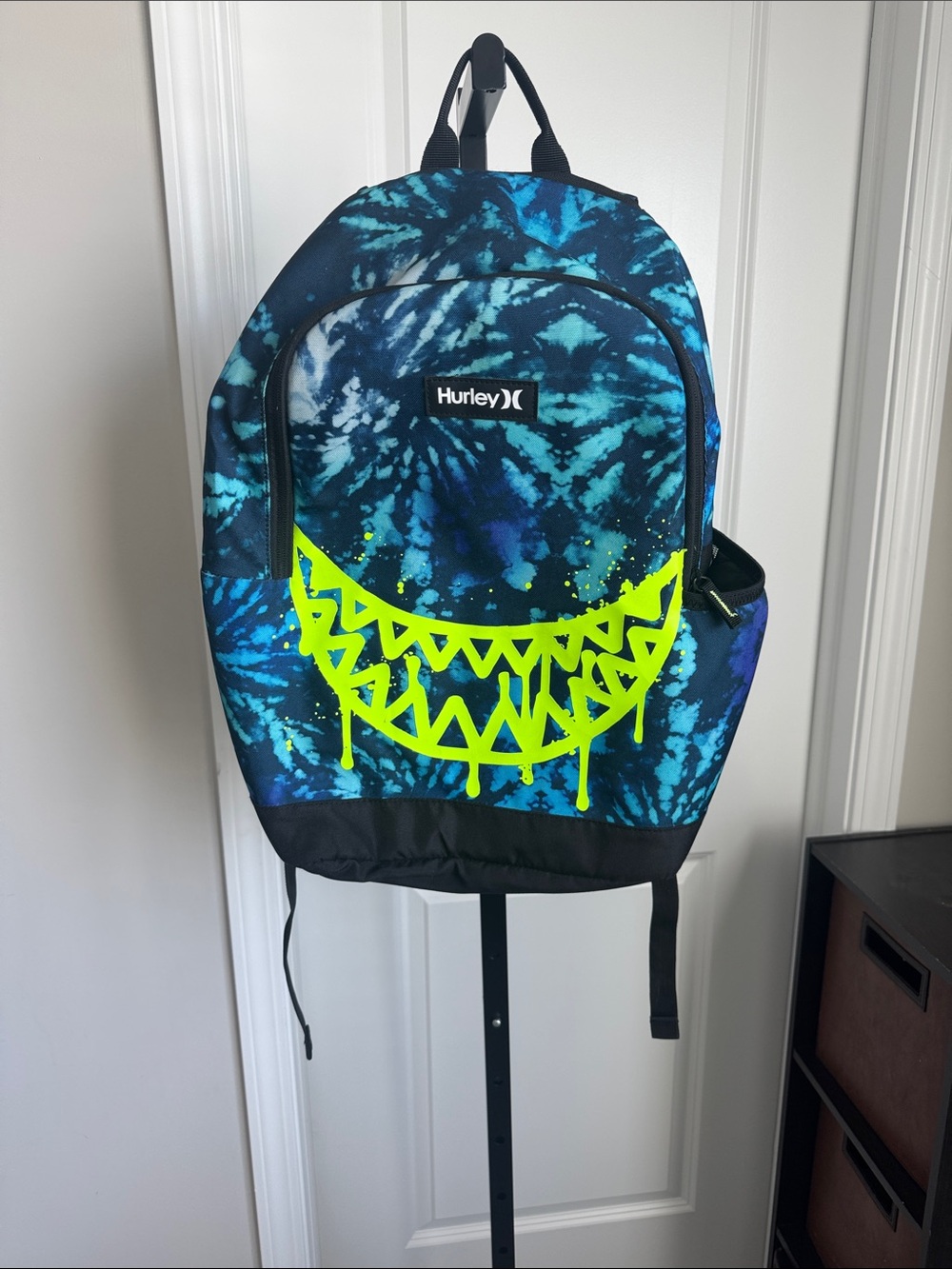 Hurley Kids Blue Tie-Dye Backpack with Neon Yellow Graphic